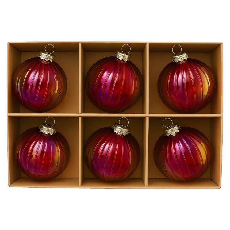 Christabelle 6Pcs Glossy Red Glass Baubles Textured Stripe Finish Balls Christmas Tree Decoration Ornament image 6