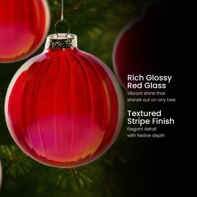 Christabelle 6Pcs Glossy Red Glass Baubles Textured Stripe Finish Balls Christmas Tree Decoration Ornament image 7