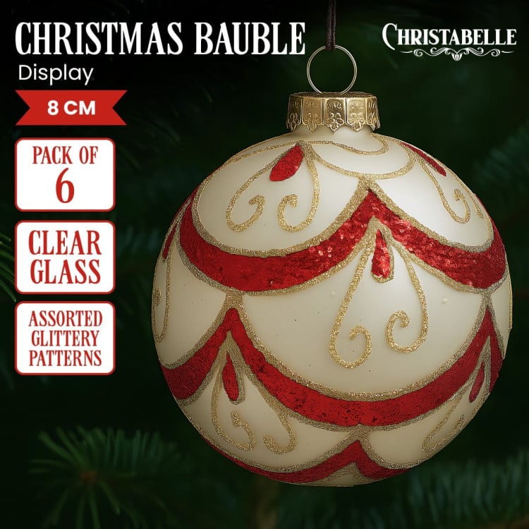 Christabelle 6 White Christmas Glass Baubles with Red and Champagne Glitter Swirls Balls Tree Decoration Ornament image 2
