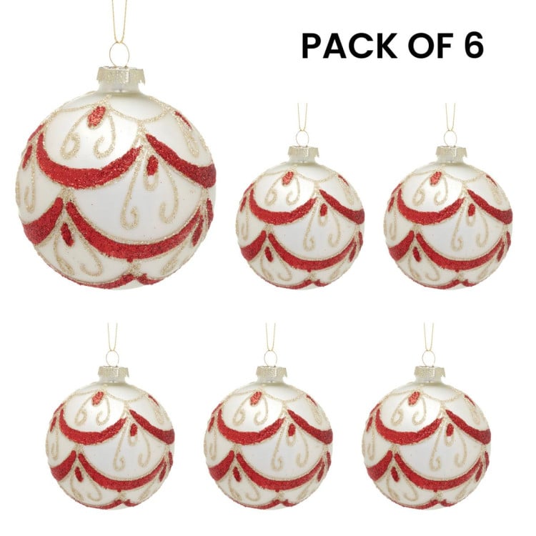 Christabelle 6 White Christmas Glass Baubles with Red and Champagne Glitter Swirls Balls Tree Decoration Ornament image 5
