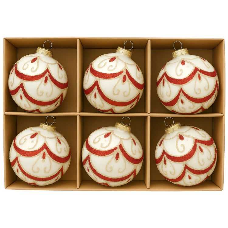 Christabelle 6 White Christmas Glass Baubles with Red and Champagne Glitter Swirls Balls Tree Decoration Ornament image 6