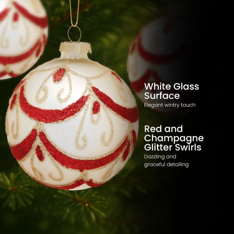 Christabelle 6 White Christmas Glass Baubles with Red and Champagne Glitter Swirls Balls Tree Decoration Ornament image 7