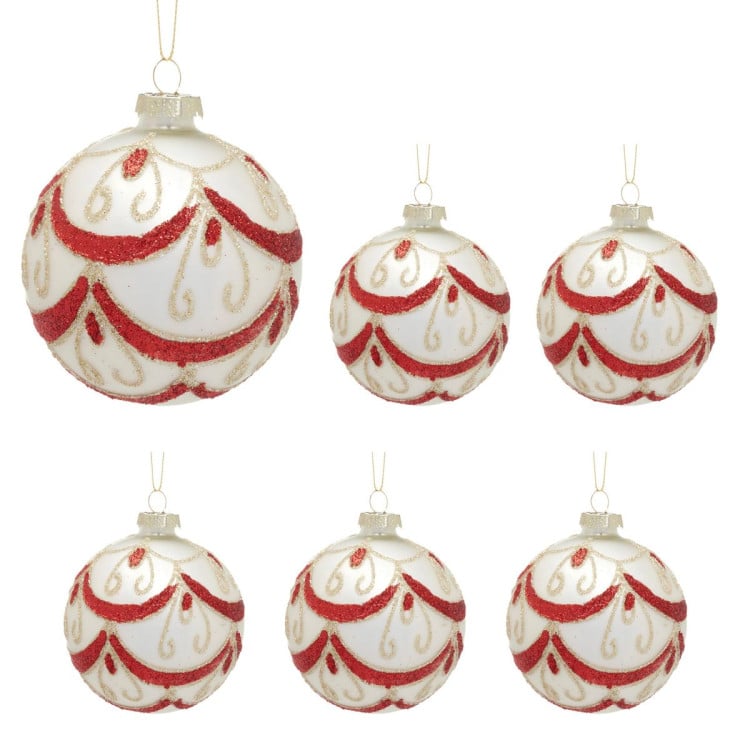 Christabelle 6 White Christmas Glass Baubles with Red and Champagne Glitter Swirls Balls Tree Decoration Ornament image 9