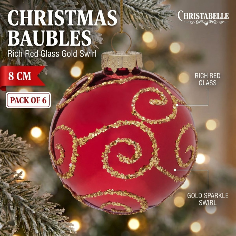 Christabelle 6 Red Glass Christmas Baubles Gold Swirl 8cm Xmas Tree Decorations Hanging Ornaments Gift Boxed Set image 9