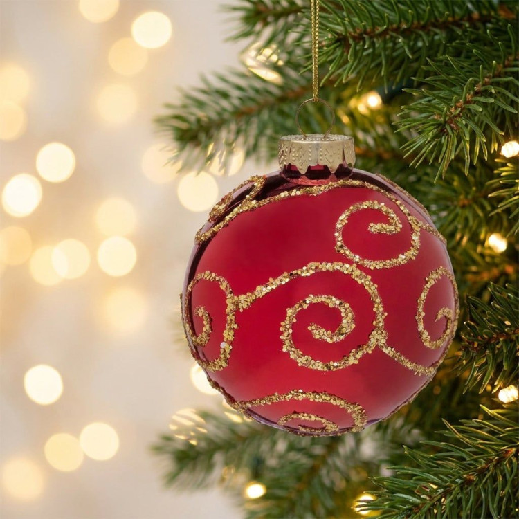 Christabelle 6 Red Glass Christmas Baubles Gold Swirl 8cm Xmas Tree Decorations Hanging Ornaments Gift Boxed Set image 5