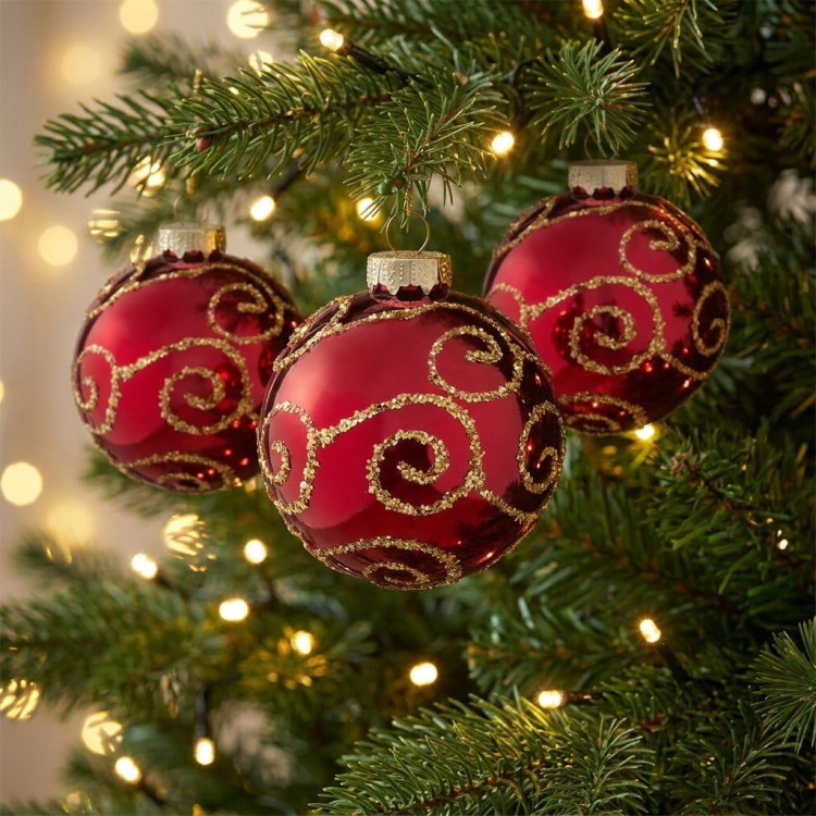Christabelle 6 Red Glass Christmas Baubles Gold Swirl 8cm Xmas Tree Decorations Hanging Ornaments Gift Boxed Set image 7