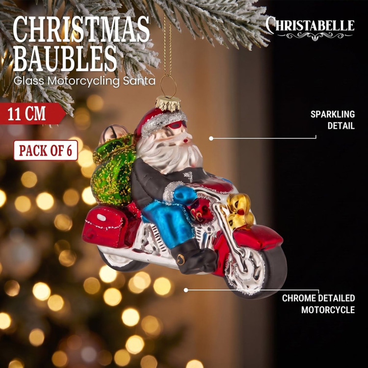 Christabelle 6 Glass Christmas Baubles Motorcycling Santa Novelty 11cm Xmas Tree Decorations Hanging Ornaments image 10