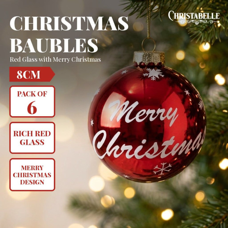 Christabelle 6 Red Glass Christmas Baubles Merry Christmas Design 8cm Xmas Tree Decorations Hanging Ornaments image 10