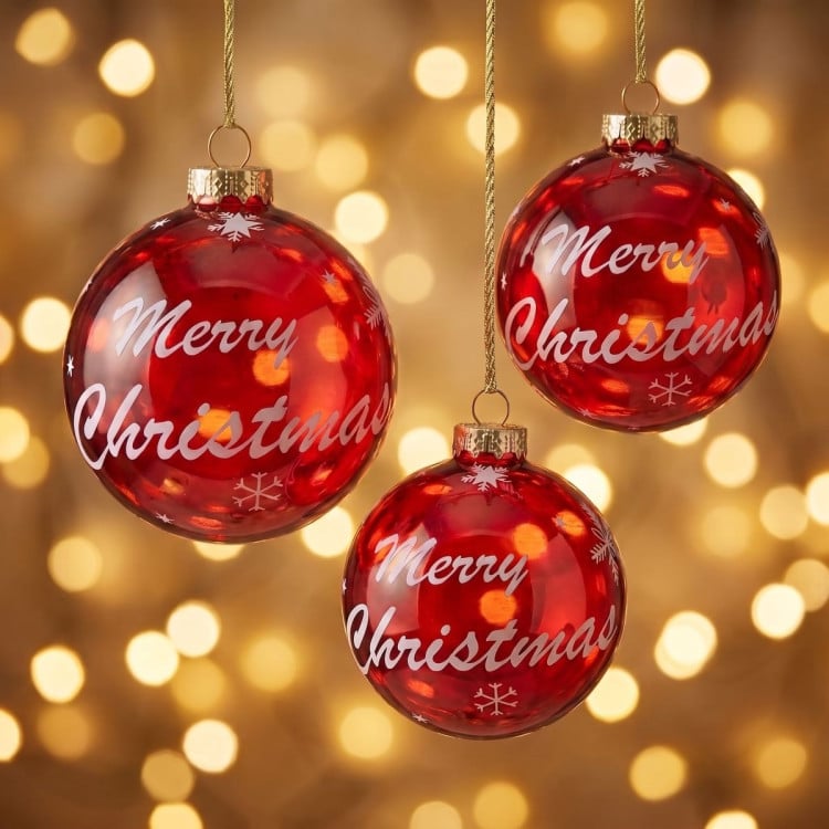 Christabelle 6 Red Glass Christmas Baubles Merry Christmas Design 8cm Xmas Tree Decorations Hanging Ornaments image 5