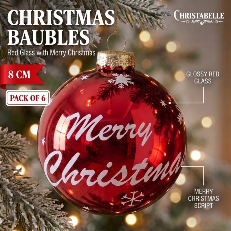 Christabelle 6 Red Glass Christmas Baubles Merry Christmas Design 8cm Xmas Tree Decorations Hanging Ornaments image 10