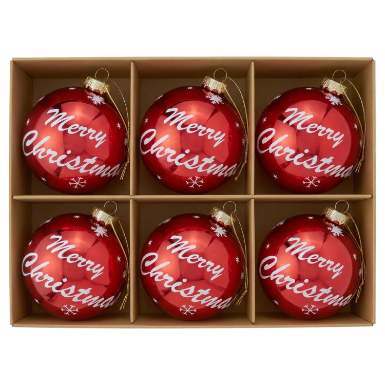 Christabelle 6 Red Glass Christmas Baubles Merry Christmas Design 8cm Xmas Tree Decorations Hanging Ornaments image 4