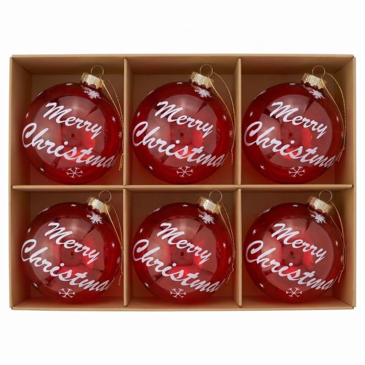 Christabelle 6 Red Glass Christmas Baubles Merry Christmas Design 8cm Xmas Tree Decorations Hanging Ornaments image 7