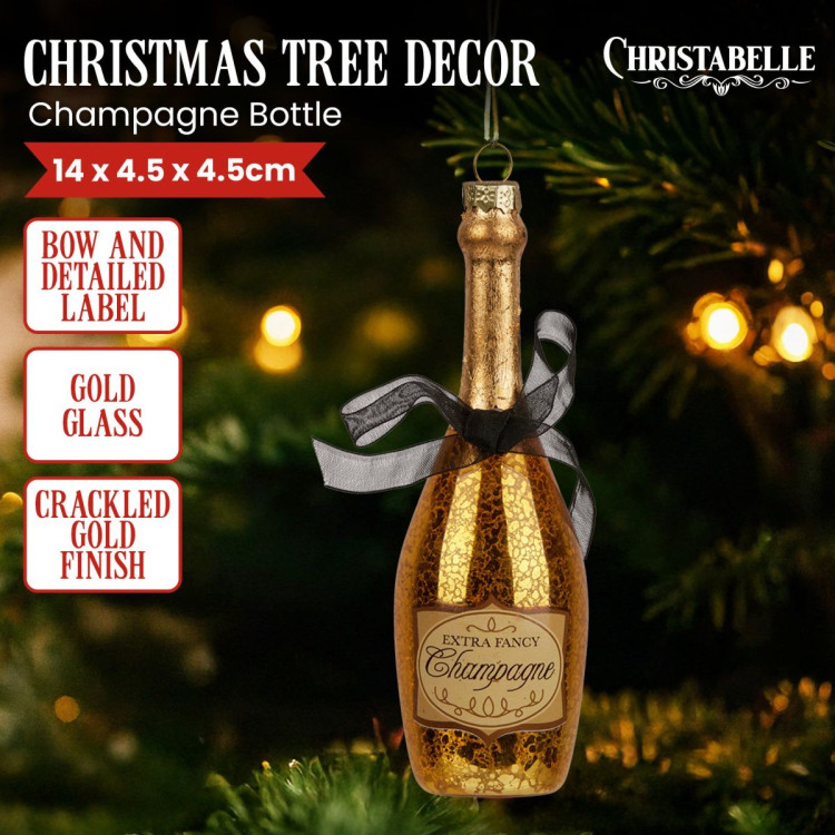 Christabelle Box of 6 Champagne Bottle Christmas Gold Glass Tree Decoration image 3