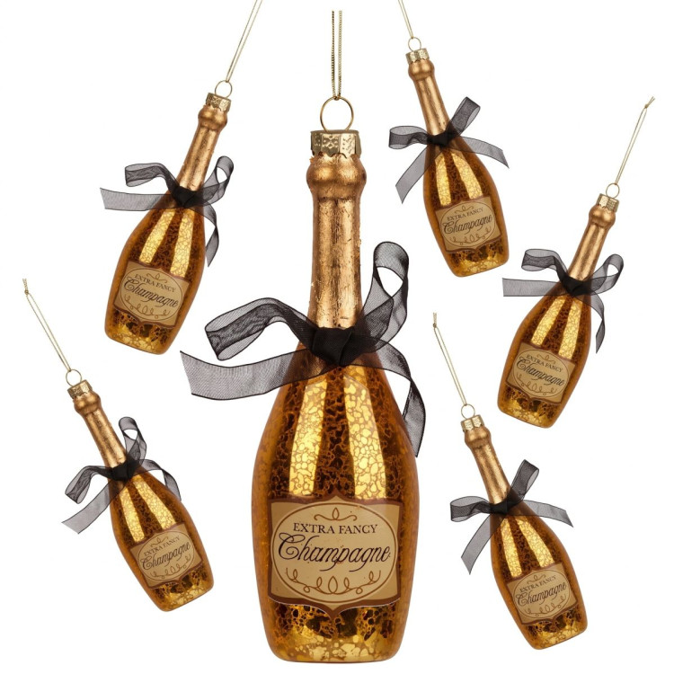 Christabelle Box of 6 Champagne Bottle Christmas Gold Glass Tree Decoration