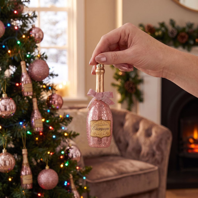 Christabelle 6 Pink Glass Christmas Baubles Champagne Bottle Quirky 14cm Xmas Tree Decorations Hanging Ornaments image 3