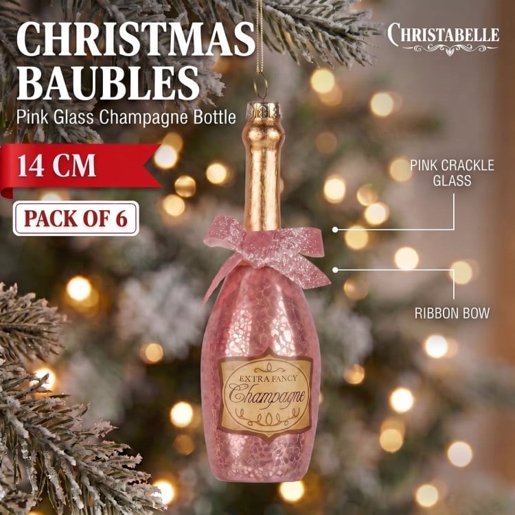 Christabelle 6 Pink Glass Christmas Baubles Champagne Bottle Novelty 14cm Xmas Tree Decorations Hanging Ornaments image 10