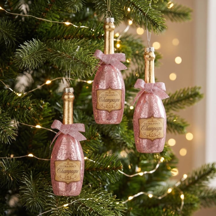 Christabelle 6 Pink Glass Christmas Baubles Champagne Bottle Novelty 14cm Xmas Tree Decorations Hanging Ornaments image 3