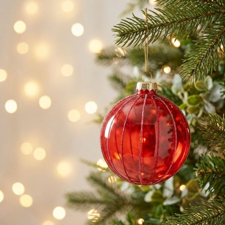 Christabelle 6 Red Glass Christmas Baubles Pink Beaded Stripes 8cm Xmas Tree Decorations Hanging Ornaments image 5
