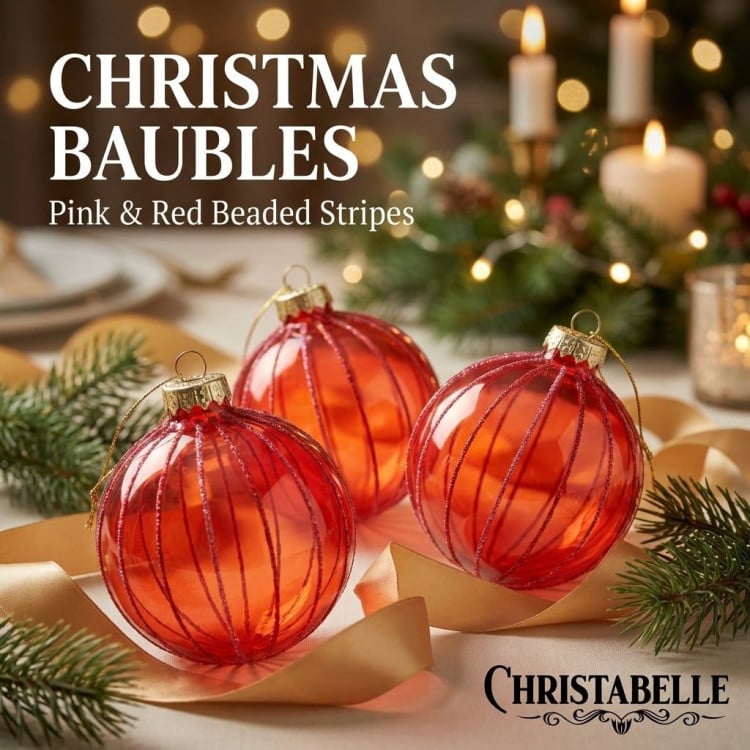 Christabelle 6 Red Glass Christmas Baubles Pink Beaded Stripes 8cm Xmas Tree Decorations Hanging Ornaments image 9