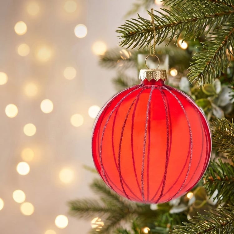Christabelle 6 Red Glass Christmas Baubles Pink Beaded Stripes 8cm Xmas Tree Decorations Hanging Ornaments image 6