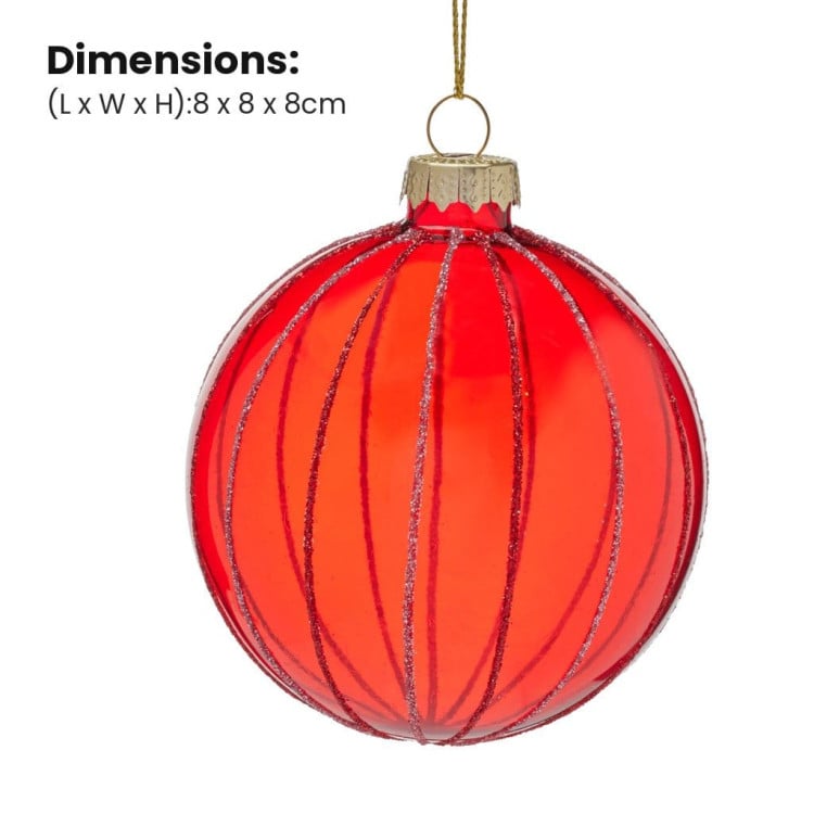 Christabelle 6 Red Glass Christmas Baubles Pink Beaded Stripes 8cm Xmas Tree Decorations Hanging Ornaments image 3