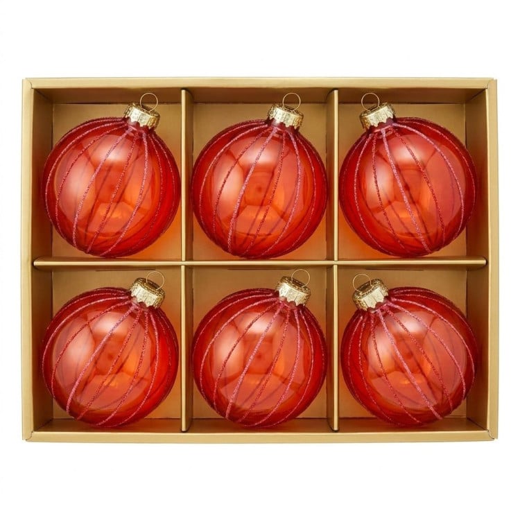 Christabelle 6 Red Glass Christmas Baubles Pink Beaded Stripes 8cm Xmas Tree Decorations Hanging Ornaments image 4