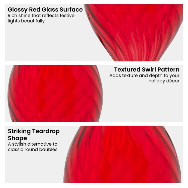 Christabelle Box of 6 Glossy Red Glass Teardrop Baubles with Swirl Pattern image 5