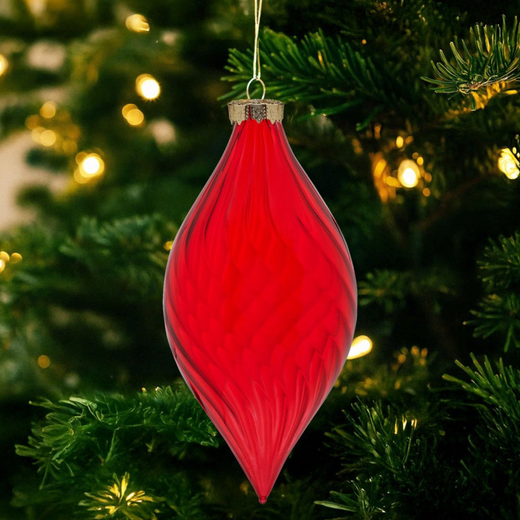 Christabelle Box of 6 Glossy Red Glass Teardrop Baubles with Swirl Pattern image 6