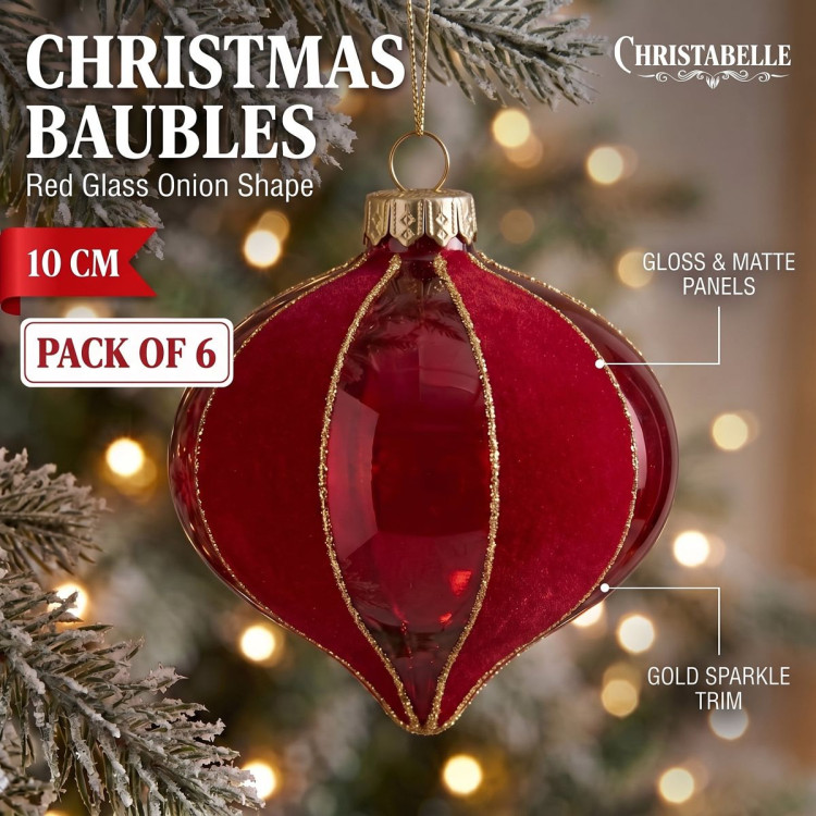Christabelle 6 Red Glass Christmas Baubles Onion Shape 10cm Xmas Tree Decorations Hanging Ornaments Gift Boxed Set image 10