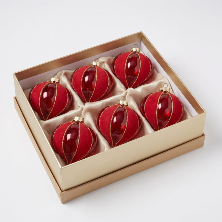 Christabelle 6 Red Glass Christmas Baubles Onion Shape 10cm Xmas Tree Decorations Hanging Ornaments Gift Boxed Set image 4