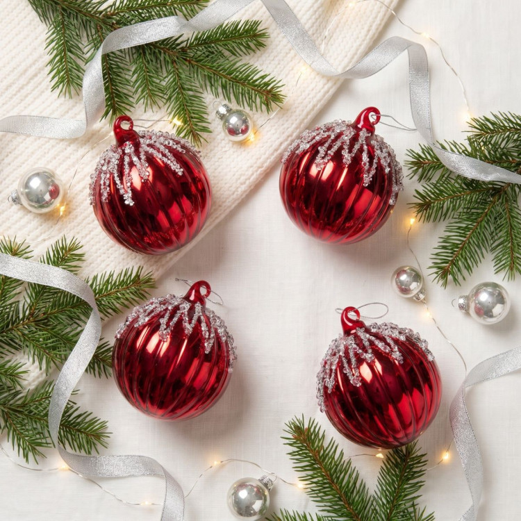Christabelle 6 Red Glass Christmas Baubles Jewel Ice Drips 8cm Xmas Tree Decorations Hanging Ornaments Gift Boxed Set image 4