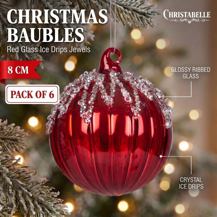 Christabelle 6 Red Glass Christmas Baubles Jewel Ice Drips 8cm Xmas Tree Decorations Hanging Ornaments Gift Boxed Set image 10