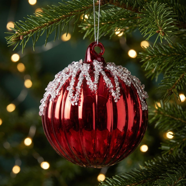 Christabelle 6 Red Glass Christmas Baubles Jewel Ice Drips 8cm Xmas Tree Decorations Hanging Ornaments Gift Boxed Set image 6