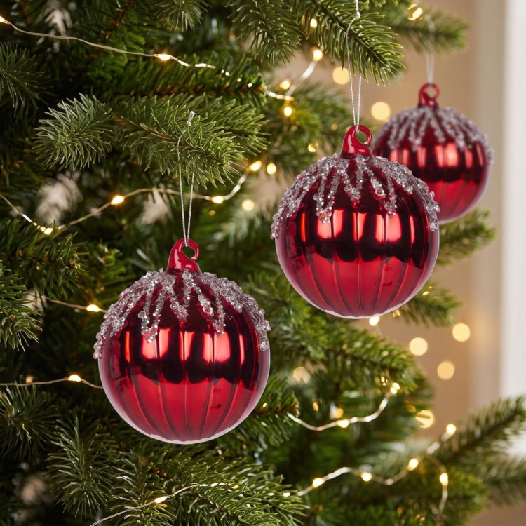 Christabelle 6 Red Glass Christmas Baubles Jewel Ice Drips 8cm Xmas Tree Decorations Hanging Ornaments Gift Boxed Set image 8