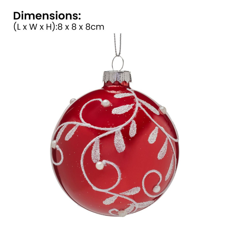Christabelle Glossy Red Glass Baubles 6Pcs with Swirly Vine Pattern Balls Christmas Tree Decoration Ornament image 4