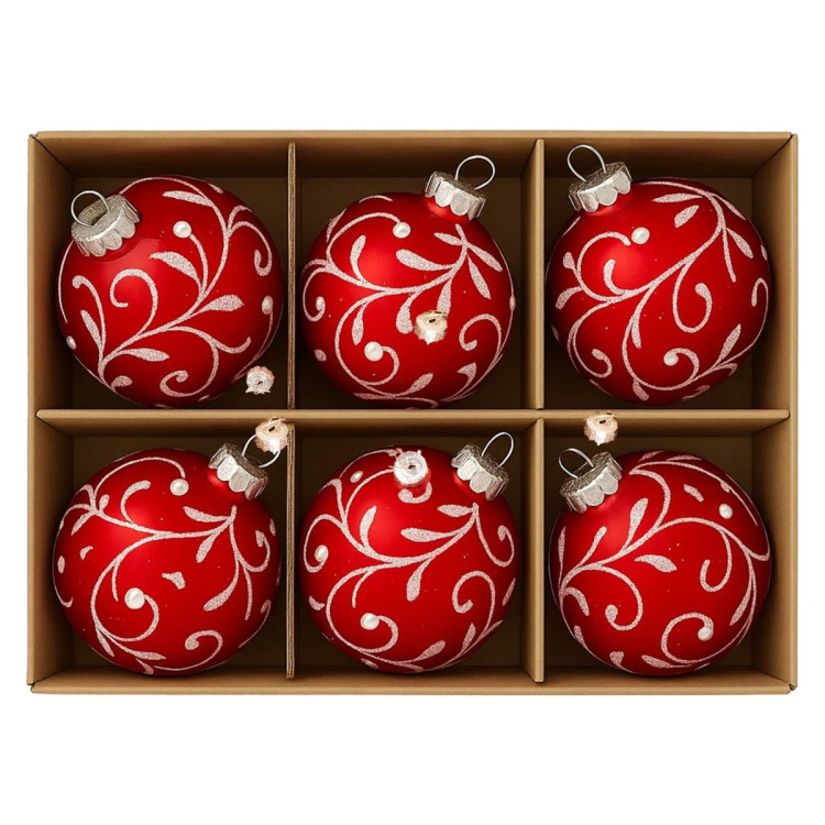 Christabelle Glossy Red Glass Baubles 6Pcs with Swirly Vine Pattern Balls Christmas Tree Decoration Ornament image 6