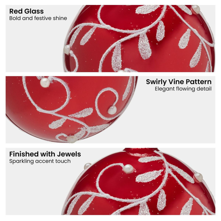 Christabelle Glossy Red Glass Baubles 6Pcs with Swirly Vine Pattern Balls Christmas Tree Decoration Ornament image 7