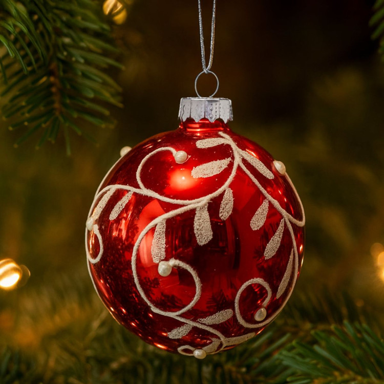 Christabelle Glossy Red Glass Baubles 6Pcs with Swirly Vine Pattern Balls Christmas Tree Decoration Ornament image 5