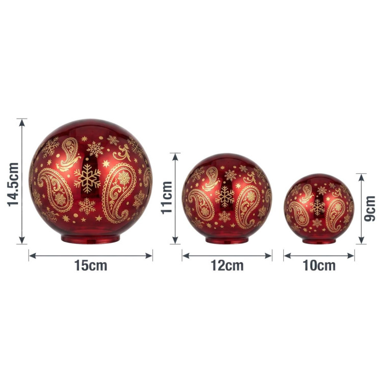 Christabelle 3 Red Glass Christmas LED Light Up Spheres Gold Pattern Table Decor Xmas Ornaments Battery Operated image 3