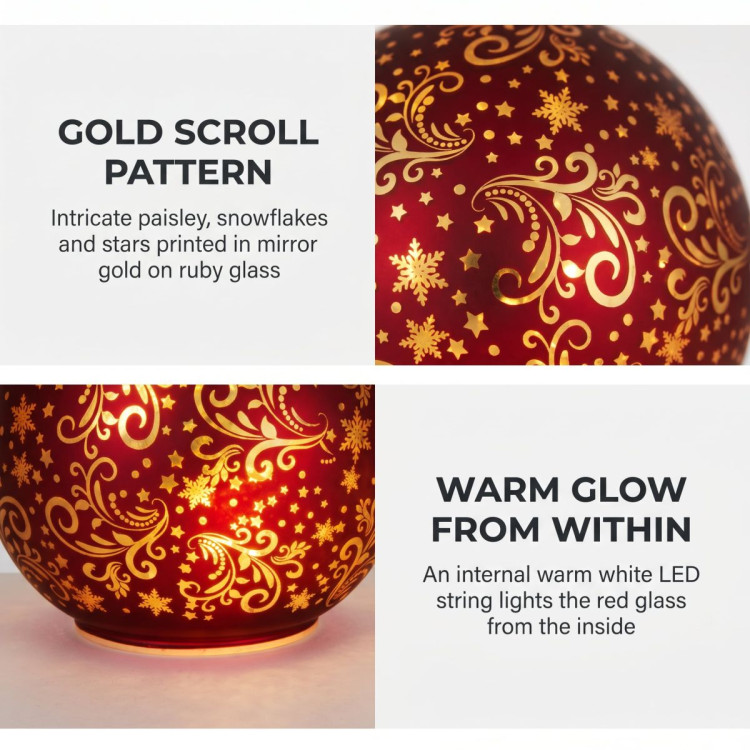 Christabelle 3 Red Glass Christmas LED Light Up Spheres Gold Pattern Table Decor Xmas Ornaments Battery Operated image 4