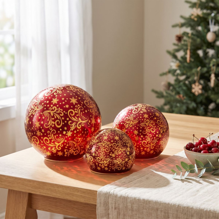 Christabelle 3 Red Glass Christmas LED Light Up Spheres Gold Pattern Table Decor Xmas Ornaments Battery Operated image 6