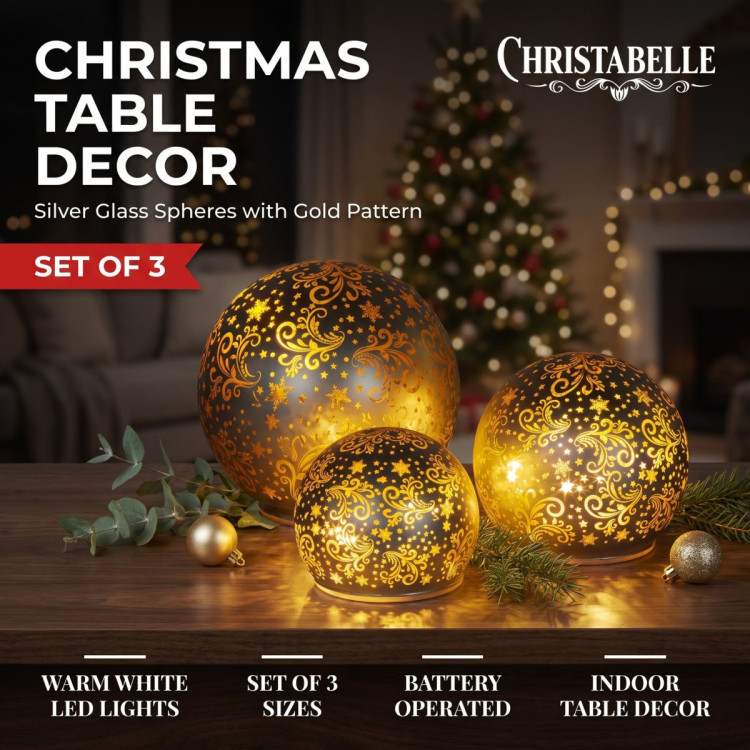 Christabelle 3 Silver Glass Christmas LED Light Up Spheres Gold Pattern Table Decor Xmas Ornaments Battery Operated image 9