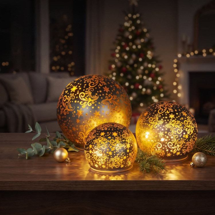 Christabelle 3 Silver Glass Christmas LED Light Up Spheres Gold Pattern Table Decor Xmas Ornaments Battery Operated image 8