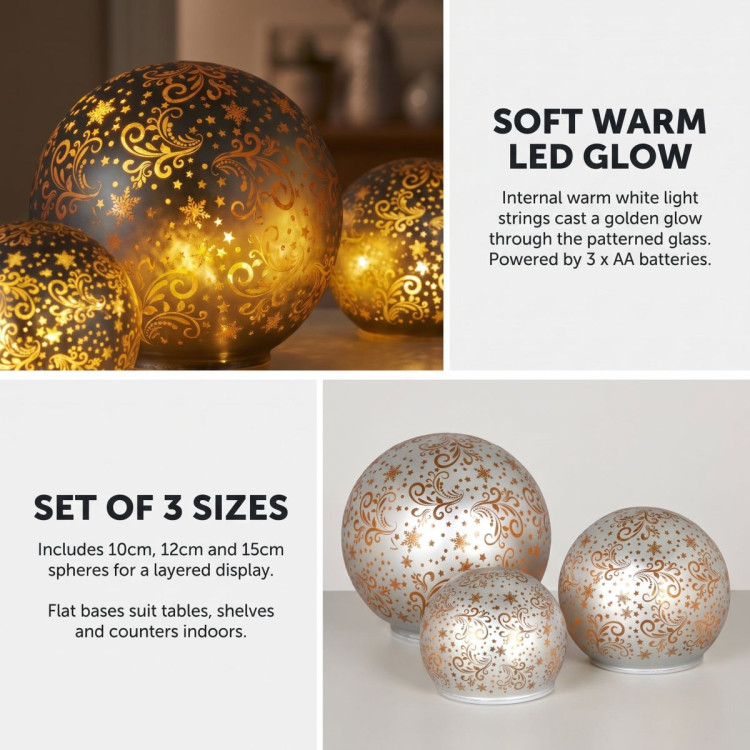 Christabelle 3 Silver Glass Christmas LED Light Up Spheres Gold Pattern Table Decor Xmas Ornaments Battery Operated image 4