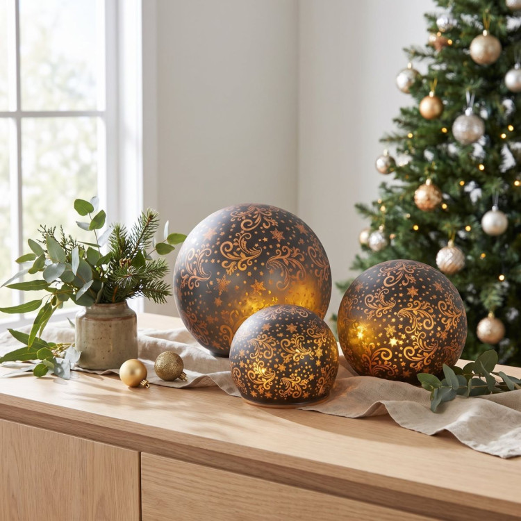 Christabelle 3 Silver Glass Christmas LED Light Up Spheres Gold Pattern Table Decor Xmas Ornaments Battery Operated image 6