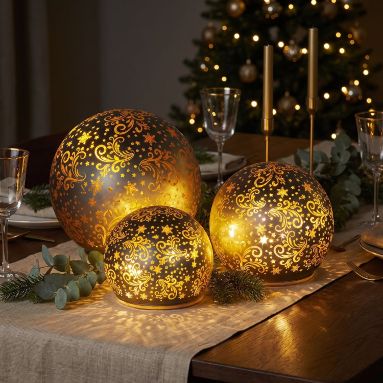 Christabelle 3 Silver Glass Christmas LED Light Up Spheres Gold Pattern Table Decor Xmas Ornaments Battery Operated image 7