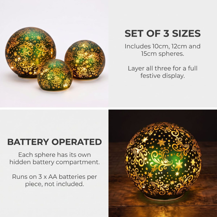 Christabelle 3 Green Glass Christmas LED Light Up Spheres Gold Pattern Table Decor Xmas Ornaments Battery Operated image 4