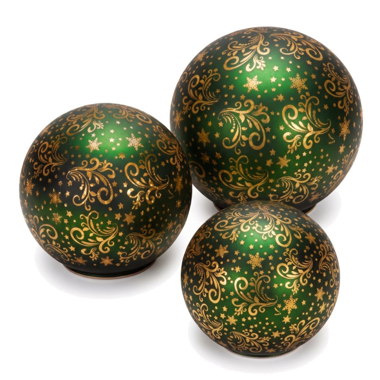 Christabelle 3 Green Glass Christmas LED Light Up Spheres Gold Pattern Table Decor Xmas Ornaments Battery Operated image 5