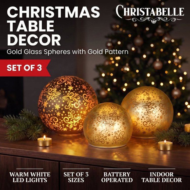 Christabelle 3 Gold Glass Christmas LED Light Up Spheres Patterned Table Decor Xmas Ornaments Battery Operated image 9