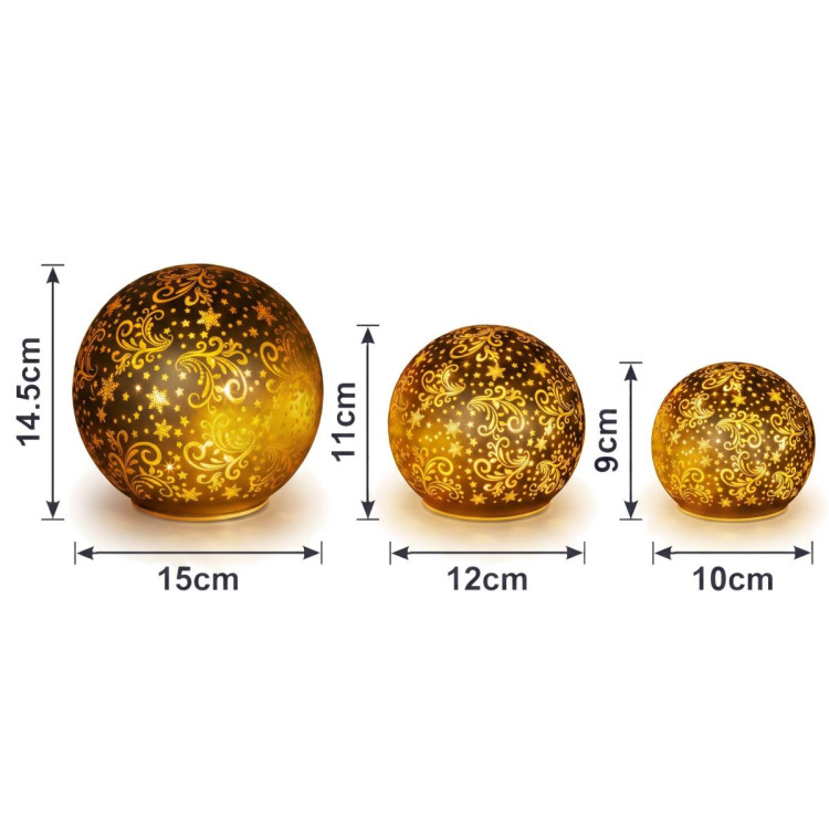 Christabelle 3 Gold Glass Christmas LED Light Up Spheres Patterned Table Decor Xmas Ornaments Battery Operated image 3